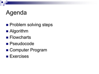 Agenda
 Problem solving steps
 Algorithm
 Flowcharts
 Pseudocode
 Computer Program
 Exercises
 