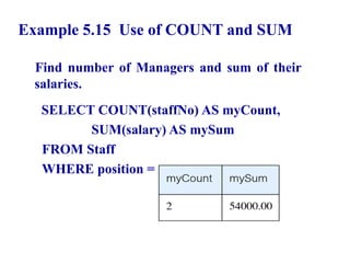 52
Example 5.15 Use of COUNT and SUM
Find number of Managers and sum of their
salaries.
SELECT COUNT(staffNo) AS myCount,
SUM(salary) AS mySum
FROM Staff
WHERE position = ‘Manager’;
© Pearson Education Limited 1995, 2005
 
