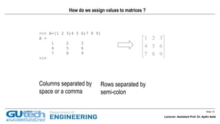 Slide 10
Lecturer: Assistant Prof. Dr. Aydin Azizi
How do we assign values to matrices ?
Columns separated by
space or a comma
Rows separated by
semi-colon
>>> A=[1 2 3;4 5 6;7 8 9]
A =
1 2 3
4 5 6
7 8 9
>>>










987
654
321
Lecturer: Assistant Prof. Dr. Aydin Azizi
 
