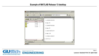 Slide 4
Lecturer: Assistant Prof. Dr. Aydin Azizi
Example of MATLAB Release 13 desktop
Lecturer: Assistant Prof. Dr. Aydin Azizi
 