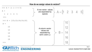 Slide 7
Lecturer: Assistant Prof. Dr. Aydin Azizi
How do we assign values to vectors?
>>> A = [1 2 3 4 5]
A =
1 2 3 4 5
>>>
>>> B = [10;12;14;16;18]
B =
10
12
14
16
18
>>>
A row vector values
are separated by
spaces
 54321A 

















18
16
14
12
10
B
A column vector
values are
separated by
semi–colon (;)
Lecturer: Assistant Prof. Dr. Aydin Azizi
 