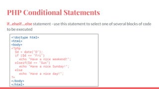 PHP Conditional Statements
if...elseif....else statement - use this statement to select one of several blocks of code
to be executed
<!doctype html>
<html>
<body>
<?php
$d = date("D");
if ($d == "Fri")
echo "Have a nice weekend!";
elseif($d == "Sun")
echo "Have a nice Sunday!";
else
echo "Have a nice day!";
?>
</body>
</html>
 