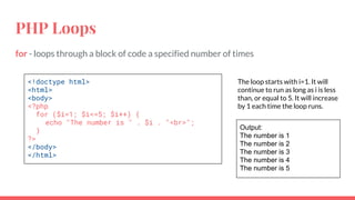 PHP Loops
for - loops through a block of code a specified number of times
<!doctype html>
<html>
<body>
<?php
for ($i=1; $i<=5; $i++) {
echo "The number is " . $i . "<br>";
}
?>
</body>
</html>
The loop starts with i=1. It will
continue to run as long as i is less
than, or equal to 5. It will increase
by 1 each time the loop runs.
Output:
The number is 1
The number is 2
The number is 3
The number is 4
The number is 5
 