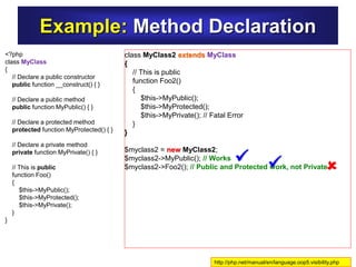 class MyClass2 extends MyClass
{
// This is public
function Foo2()
{
$this->MyPublic();
$this->MyProtected();
$this->MyPrivate(); // Fatal Error
}
}
$myclass2 = new MyClass2;
$myclass2->MyPublic(); // Works
$myclass2->Foo2(); // Public and Protected work, not Private
Example: Method Declaration
  
http://php.net/manual/en/language.oop5.visibility.php
<?php
class MyClass
{
// Declare a public constructor
public function __construct() { }
// Declare a public method
public function MyPublic() { }
// Declare a protected method
protected function MyProtected() { }
// Declare a private method
private function MyPrivate() { }
// This is public
function Foo()
{
$this->MyPublic();
$this->MyProtected();
$this->MyPrivate();
}
}
 