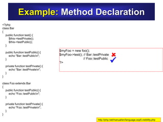 $myFoo = new foo();
$myFoo->test(); // Bar::testPrivate
// Foo::testPublic
?>
Example: Method Declaration


http://php.net/manual/en/language.oop5.visibility.php
<?php
class Bar
{
public function test() {
$this->testPrivate();
$this->testPublic();
}
public function testPublic() {
echo "Bar::testPublicn";
}
private function testPrivate() {
echo "Bar::testPrivaten";
}
}
class Foo extends Bar
{
public function testPublic() {
echo "Foo::testPublicn";
}
private function testPrivate() {
echo "Foo::testPrivaten";
}
}
 
