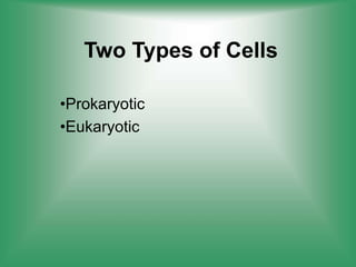 Two Types of Cells
•Prokaryotic
•Eukaryotic
 