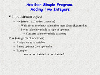 Another Simple Program:
Adding Two Integers
 Input stream object
– >> (stream extraction operator)
• Waits for user to input value, then press Enter (Return) key
• Stores value in variable to right of operator
– Converts value to variable data type
 = (assignment operator)
– Assigns value to variable
– Binary operator (two operands)
– Example:
sum = variable1 + variable2;
 