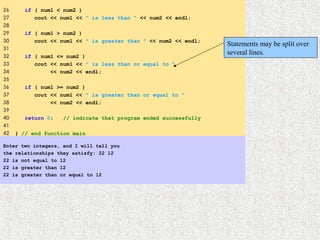 26 if ( num1 < num2 )
27 cout << num1 << " is less than " << num2 << endl;
28
29 if ( num1 > num2 )
30 cout << num1 << " is greater than " << num2 << endl;
31
32 if ( num1 <= num2 )
33 cout << num1 << " is less than or equal to "
34 << num2 << endl;
35
36 if ( num1 >= num2 )
37 cout << num1 << " is greater than or equal to "
38 << num2 << endl;
39
40 return 0; // indicate that program ended successfully
41
42 } // end function main
Enter two integers, and I will tell you
the relationships they satisfy: 22 12
22 is not equal to 12
22 is greater than 12
22 is greater than or equal to 12
Statements may be split over
several lines.
 