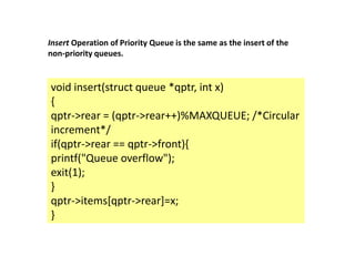 Insert Operation of Priority Queue is the same as the insert of the
non-priority queues.
void insert(struct queue *qptr, int x)
{
qptr->rear = (qptr->rear++)%MAXQUEUE; /*Circular
increment*/
if(qptr->rear == qptr->front){
printf("Queue overflow");
exit(1);
}
qptr->items[qptr->rear]=x;
}
 