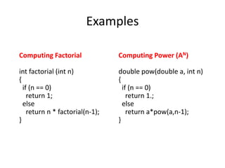 Examples
Computing Factorial
int factorial (int n)
{
if (n == 0)
return 1;
else
return n * factorial(n-1);
}
Computing Power (AN)
double pow(double a, int n)
{
if (n == 0)
return 1.;
else
return a*pow(a,n-1);
}
 