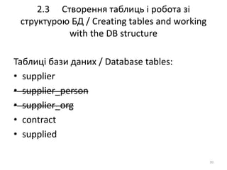 2.3 Створення таблиць і робота зі
структурою БД / Creating tables and working
with the DB structure
70
Таблиці бази даних / Database tables:
• supplier
• supplier_person
• supplier_org
• contract
• supplied
 