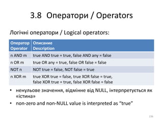 3.8 Оператори / Operators
236
Логічні оператори / Logical operators:
• ненульове значення, відмінне від NULL, інтерпретується як
«істина»
• non-zero and non-NULL value is interpreted as “true”
Оператор
Operator
Описание
Description
n AND m true AND true = true, false AND any = false
n OR m true OR any = true, false OR false = false
NOT n NOT true = false, NOT false = true
n XOR m true XOR true = false, true XOR false = true,
false XOR true = true, false XOR false = false
 