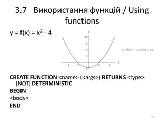 3.7 Використання функцій / Using
functions
225
y = f(x) = x2 - 4
CREATE FUNCTION <name> (<args>) RETURNS <type>
[NOT] DETERMINISTIC
BEGIN
<body>
END
 