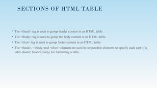 SECTIONS OF HTML TABLE
• The <thead> tag is used to group header content in an HTML table.
• The <tbody> tag is used to group the body content in an HTML table.
• The <tfoot> tag is used to group footer content in an HTML table.
• The <thead>, <tbody>and <tfoot> element are used in conjunction elements to specify each part of a
table (footer, header, body) for formatting a table.
 