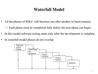 6
Waterfall Model
• All the phases of SDLC will function one after another in linear manner
– Each phase must be completed fully before the next phase can begin
• In this model software testing starts only after the development is complete.
• In waterfall model phases do not overlap
 