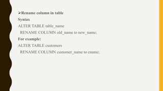 Rename column in table
Syntax
ALTER TABLE table_name
RENAME COLUMN old_name to new_name;
For example:
ALTER TABLE customers
RENAME COLUMN customer_name to cname;
 
