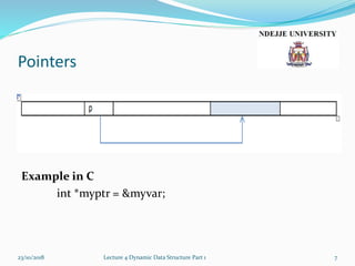 Pointers
Example in C
int *myptr = &myvar;
23/10/2018 Lecture 4 Dynamic Data Structure Part 1 7
 