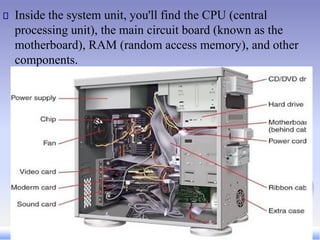 Inside the system unit, you'll find the CPU (central
processing unit), the main circuit board (known as the
motherboard), RAM (random access memory), and other
components.
 