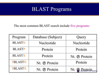 BLAST Programs
The most common BLAST search include five programs:
Program Database (Subject) Query
BLASTN Nucleotide Nucleotide
BLASTP Protein Protein
BLASTX Protein Nt.  Protein
TBLASTN Nt.  Protein Protein
TBLASTX Nt.  Protein Nt.  Protein
 
