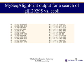 O'Reilly Bioinformatics Technology -
BLAST Programming
62
MySeqAlignPrint output for a search of
gi|129295 vs. ecoli
 