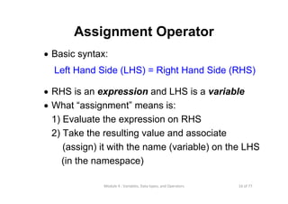 16 of 77Module 4 : Variables, Data types, and Operators
Assignment Operator
• Basic syntax:
Left Hand Side (LHS) = Right Hand Side (RHS)
• RHS is an expression and LHS is a variable
• What “assignment” means is:
1) Evaluate the expression on RHS
2) Take the resulting value and associate
(assign) it with the name (variable) on the LHS
(in the namespace)
 