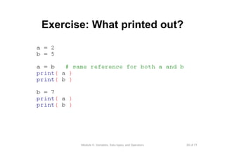 20 of 77Module 4 : Variables, Data types, and Operators
Exercise: What printed out?
 