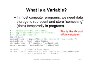 3 of 77Module 4 : Variables, Data types, and Operators
What is a Variable?
• In most computer programs, we need data
storage to represent and store “something”
(data) temporarily in programs
This is like M+ and
MR in calculator
 