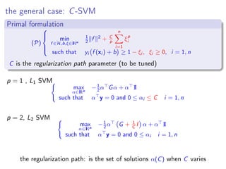the general case: C-SVM
Primal formulation
(P)



min
f ∈H,b,ξ∈IRn
1
2 f 2
+ C
p
n
i=1
ξp
i
such that yi f (xi ) + b ≥ 1 − ξi , ξi ≥ 0, i = 1, n
C is the regularization path parameter (to be tuned)
p = 1 , L1 SVM
max
α∈IRn
−1
2 α Gα + α 1I
such that α y = 0 and 0 ≤ αi ≤ C i = 1, n
p = 2, L2 SVM
max
α∈IRn
−1
2 α G + 1
C I α + α 1I
such that α y = 0 and 0 ≤ αi i = 1, n
the regularization path: is the set of solutions α(C) when C varies
 