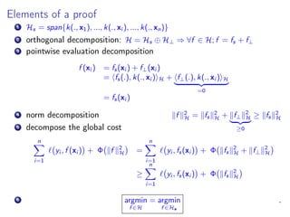 Elements of a proof
1 Hs = span{k(., x1), ..., k(., xi ), ..., k(., xn)}
2 orthogonal decomposition: H = Hs ⊕ H⊥ ⇒ ∀f ∈ H; f = fs + f⊥
3 pointwise evaluation decomposition
f (xi ) = fs(xi ) + f⊥(xi )
= fs(.), k(., xi ) H + f⊥(.), k(., xi ) H
=0
= fs(xi )
4 norm decomposition f 2
H = fs
2
H + f⊥
2
H
≥0
≥ fs
2
H
5 decompose the global cost
n
i=1
yi , f (xi ) + Φ f 2
H =
n
i=1
yi , fs(xi ) + Φ fs
2
H + f⊥
2
H
≥
n
i=1
yi , fs(xi ) + Φ fs
2
H
6 argmin
f ∈H
= argmin
f ∈Hs
.
 
