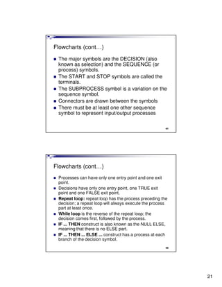 Flowcharts (cont…)
 The major symbols are the DECISION (also
 known as selection) and the SEQUENCE (or
 process) symbols.
 The START and STOP symbols are called the
 terminals.
 The SUBPROCESS symbol is a variation on the
 sequence symbol.
 Connectors are drawn between the symbols
 There must be at least one other sequence
 symbol to represent input/output processes

                                                        41




Flowcharts (cont…)
 Processes can have only one entry point and one exit
 point.
 Decisions have only one entry point, one TRUE exit
 point and one FALSE exit point.
 Repeat loop: repeat loop has the process preceding the
 decision; a repeat loop will always execute the process
 part at least once.
 While loop is the reverse of the repeat loop; the
 decision comes first, followed by the process.
 IF ... THEN construct is also known as the NULL ELSE,
 meaning that there is no ELSE part.
 IF ... THEN ... ELSE ... construct has a process at each
 branch of the decision symbol.
                                                        42




                                                             21
 