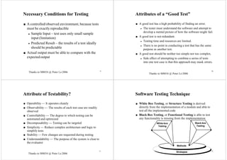 9
Necessary Conditions for Testing
■ A controlled/observed environment, because tests
must be exactly reproducible
◆ Sample Input – test uses only small sample
input (limitation)
◆ Predicted Result – the results of a test ideally
should be predictable
■ Actual output must be able to compare with the
expectedoutput
10
Attributes of a “Good Test”
■ A good test has a high probability of finding an error.
◆ The tester must understand the software and attempt to
develop a mental picture of how the software might fail.
■ A good test is not redundant.
◆ Testing time and resources are limited.
◆ There is no point in conducting a test that has the same
purpose as another test.
■ A good test should be neither too simple nor too complex.
◆ Side effect of attempting to combine a series of tests
into one test case is that this approach may mask errors.
Attribute of Testability?
■ Operability — It operates cleanly
■ Observability — The results of each test case are readily
observed
■ Controllability — The degree to which testing can be
automated and optimized
■ Decomposability — Testing can be targeted
■ Simplicity — Reduce complex architecture and logic to
simplify tests
■ Stability — Few changes are requested during testing
■ Understandability — The purpose of the system is clear to
the evaluator
Software Testing Technique
■ White Box Testing, or Structure Testing is derived
directly from the implementation of a module and able to
test all the implemented code
■ Black Box Testing, or Functional Testing is able to test
any functionality is missing from the implementation.
Methods
White-box
Testing
Black-box
Testing
11 12
Strategies
Thanks to M8034 @ Peter Lo 2006
Thanks to M8034 @ Peter Lo 2006
Thanks to M8034 @ Peter Lo 2006
 