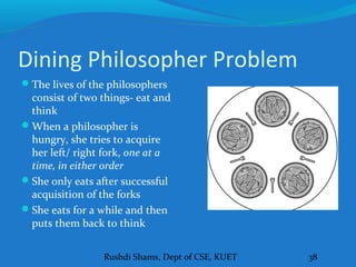 Rushdi Shams, Dept of CSE, KUET 38
Dining Philosopher Problem
The lives of the philosophers
consist of two things- eat and
think
When a philosopher is
hungry, she tries to acquire
her left/ right fork, one at a
time, in either order
She only eats after successful
acquisition of the forks
She eats for a while and then
puts them back to think
 