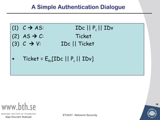 A Simple Authentication Dialogue


     (1) C  AS:                          IDc || Pc || IDv
     (2) AS  C:                      Ticket
     (3) C  V:                  IDc || Ticket

     •       Ticket = EKv[IDc || Pc || IDv]




                                                             18



                                 ET2437 - Network Security
Raja Khurram Shahzad
 