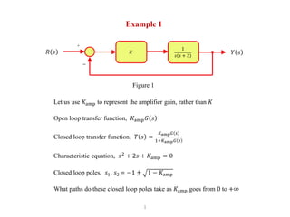 1
Example 1
Let us use 𝐾amp to represent the amplifier gain, rather than 𝐾
Open loop transfer function, 𝐾amp 𝐺 𝑠
Closed loop transfer function, 𝑇 𝑠 =
𝐾amp 𝐺 𝑠
1+𝐾amp 𝐺 𝑠
Characteristic equation, 𝑠2
+ 2𝑠 + 𝐾amp = 0
Closed loop poles, 𝑠1, 𝑠2 = −1 ± 1 − 𝐾amp
What paths do these closed loop poles take as 𝐾amp goes from 0 to +∞
𝐾𝑅 𝑠 𝑌 𝑠
1
𝑠 𝑠 + 2
+
−
Figure 1
 