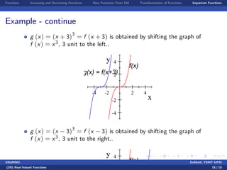 Functions Increasing and Decreasing Functions New Functions From Old Transformations of Functions Important Functions
Example - continue
g (x) = (x + 3)3
= f (x + 3) is obtained by shifting the graph of
f (x) = x3, 3 unit to the left..
-4 -2 2 4
-4
-2
2
4
x
y
f(x)
g(x) = f(x+3)
g (x) = (x 3)3
= f (x 3) is obtained by shifting the graph of
f (x) = x3, 3 unit to the right..
4y
f(x)VillaRINO DoMath, FSMT-UPSI
(D0) Real-Valued Functions 18 / 18
 