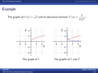 The First Derivative Functions The Second Derivative Functions
Example
The graphs of f (x) =
p
x and its derivative function f 0 (x) =
1
2
p
x
:
-4 -2 2 4
-4
-2
2
4
x
y
The graph of f
-4 -2 2 4
-4
-2
2
4
x
y
The graphs of f and f 0
VillaRINO DoMath, FSMT-UPSI
(D7) The First and Second Derivative Functions 7 / 15
 