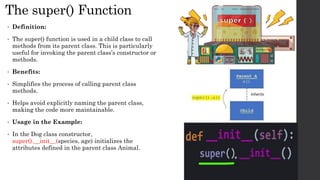 The super() Function
• Definition:
• The super() function is used in a child class to call
methods from its parent class. This is particularly
useful for invoking the parent class’s constructor or
methods.
• Benefits:
• Simplifies the process of calling parent class
methods.
• Helps avoid explicitly naming the parent class,
making the code more maintainable.
• Usage in the Example:
• In the Dog class constructor,
super().__init__(species, age) initializes the
attributes defined in the parent class Animal.
 