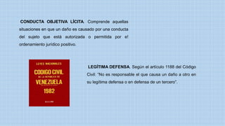 CONDUCTA OBJETIVA LÍCITA. Comprende aquellas
situaciones en que un daño es causado por una conducta
del sujeto que está autorizada o permitida por e!
ordenamiento jurídico positivo.
LEGÍTIMA DEFENSA. Según el artículo 1188 del Código
Civil: “No es responsable el que causa un daño a otro en
su legítima defensa o en defensa de un tercero”.
 