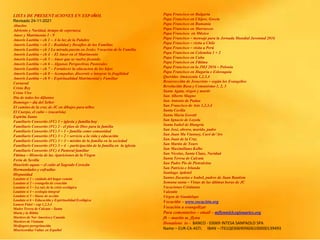 LISTA DE PRESENTACIONES EN ESPAÑOL
Revisado 24-11-2021
Abuelos
Adviento y Navidad, tiempo de esperanza
Amor y Matrimonio 1 - 9
Amoris Laetitia – ch 1 – A la luz de la Palabre
Amoris Laetitia – ch 2 – Realidad y Desafíos de las Familias
Amoris Laetitia – ch 3 La mirada puesta en Jesús: Vocación de la Familia
Amoris Laetitia – ch 4 - El Amor en el Matrimonio
Amoris Laetitia – ch 5 – Amor que se vuelve fecundo
Amoris Laetitia – ch 6 – Algunas Perspectivas Pastorales
Amoris Laetitia – ch 7 – Fortalecer la educacion de los hijos
Amoris Laetitia – ch 8 – Acompañar, discernir e integrar la fragilidad
Amoris Laetitia – ch 9 – Espiritualidad Matrimonial y Familiar
Carnaval
Cristo Rey
Cristo Vive
Dia de todos los difuntos
Domingo – día del Señor
El camino de la cruz de JC en dibujos para niños
El Cuerpo, el culto – (eucarisía)
Espíritu Santo
Familiaris Consortio (FC) 1 – iglesia y familia hoy
Familiaris Consortio (FC) 2 - el plan de Dios para la familia
Familiaris Consortio (FC) 3 – 1 – familia como comunidad
Familiaris Consortio (FC) 3 – 2 – servicio a la vida y educación
Familiaris Consortio (FC) 3 – 3 – misión de la familia en la sociedad
Familiaris Consortio (FC) 3 – 4 - participación de la familia en la iglesia
Familiaris Consortio (FC) 4 Pastoral familiar
Fátima – Historia de las Apariciones de la Virgen
Feria de Sevilla
Haurietis aquas – el culto al Sagrado Corazón
Hermandades y cofradías
Hispanidad
Laudato si 1 – cuidado del hogar común
Laudato si 2 – evangelio de creación
Laudato si 3 – La raíz de la crisis ecológica
Laudato si 4 – ecología integral
Laudato si 5 – líneas de acción
Laudato si 6 – Educación y Espiritualidad Ecológica
Lumen Fidei – cap 1,2,3,4
Madre Teresa de Calcuta – Santa
María y la Biblia
Martires de Nor America y Canada
Martires de Vietnam
Medjugore peregrinación
Misericordiae Vultus en Español
Papa Francisco en Bulgaria
Papa Francisco en Chipre, Grecia
Papa Francisco en Rumania
Papa Francisco en Marruecos
Papa Francisco en México
Papa Francisco – mensaje para la Jornada Mundial Juventud 2016
Papa Francisco – visita a Chile
Papa Francisco – visita a Perú
Papa Francisco en Colombia 1 + 2
Papa Francisco en Cuba
Papa Francisco en Fátima
Papa Francisco en la JMJ 2016 – Polonia
Papa Francisco en Hugaría e Eslovaquia
Queridas Amazoznia 1,2,3,4
Resurrección de Jesucristo – según los Evangelios
Revolución Rusa y Comunismo 1, 2, 3
Santa Agata, virgen y martir
San Alberto Magno
San Antonio de Padua
San Francisco de Asis 1,2,3,4
Santa Cecilia
Santa Maria Goretti
San Ignacio de Loyola
Santa Isabel de Hungria
San José, obrero, marido, padre
San Juan Ma Vianney, Curé de’Ars
San Juan de la Cruz
San Martin de Tours
San Maximiliano Kolbe
San Nicolas, Santa Claus, Navidad
Santa Teresa de Calcuta
San Padre Pio de Pietralcina
San Patricio e Irlanda
Santiago Apóstol
Santos Zacarias e Isabel, padres de Juan Bautista
Semana santa – Vistas de las últimas horas de JC
Vacaciones Cristianas
Valentín
Virgen de Guadalupe
Vocación – www.vocación.org
Vocación a evangelizar
Para comentarios – email – mflynn@lcegionaries.org
fb – martin m. flynn
Donations to - BANCO - 03069 INTESA SANPAOLO SPA
Name – EUR-CA-ASTI. IBAN – IT61Q0306909606100000139493
 
