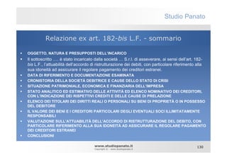 Studio Panato


          Relazione ex art. 182-bis L.F. - sommario

OGGETTO, NATURA E PRESUPPOSTI DELL’INCARICO
Il sottoscritto …. è stato incaricato dalla società … S.r.l. di asseverare, ai sensi dell’art. 182-
bis L.F., l’attuabilità dell’accordo di ristrutturazione dei debiti, con particolare riferimento alla
sua idoneità ad assicurare il regolare pagamento dei creditori estranei.
DATA DI RIFERIMENTO E DOCUMENTAZIONE ESAMINATA
CRONISTORIA DELLA SOCIETÀ DEBITRICE E CAUSE DELLO STATO DI CRISI
SITUAZIONE PATRIMONIALE, ECONOMICA E FINANZIARIA DELL’IMPRESA
STATO ANALITICO ED ESTIMATIVO DELLE ATTIVITÀ ED ELENCO NOMINATIVO DEI CREDITORI,
CON L’INDICAZIONE DEI RISPETTIVI CREDITI E DELLE CAUSE DI PRELAZIONE
ELENCO DEI TITOLARI DEI DIRITTI REALI O PERSONALI SU BENI DI PROPRIETÀ O IN POSSESSO
DEL DEBITORE
IL VALORE DEI BENI E I CREDITORI PARTICOLARI DEGLI EVENTUALI SOCI ILLIMITATAMENTE
RESPONSABILI
VALUTAZIONE SULL’ATTUABILITÀ DELL’ACCORDO DI RISTRUTTURAZIONE DEL DEBITO, CON
PARTICOLARE RIFERIMENTO ALLA SUA IDONEITÀ AD ASSICURARE IL REGOLARE PAGAMENTO
DEI CREDITORI ESTRANEI
CONCLUSIONI

                                      www.studiopanato.it                                         130
                                      Copyright © - www.studiopanato.it
 