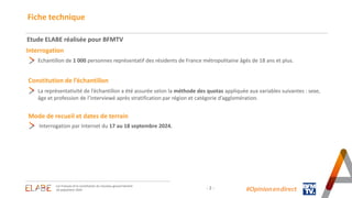 - 2 -
Fiche technique
#Opinion.en.direct
Etude ELABE réalisée pour BFMTV
Interrogation
Echantillon de 1 000 personnes représentatif des résidents de France métropolitaine âgés de 18 ans et plus.
Constitution de l’échantillon
La représentativité de l’échantillon a été assurée selon la méthode des quotas appliquée aux variables suivantes : sexe,
âge et profession de l’interviewé après stratification par région et catégorie d’agglomération.
Mode de recueil et dates de terrain
Interrogation par Internet du 17 au 18 septembre 2024.
Les Français et la constitution du nouveau gouvernement
18 septembre 2024
 