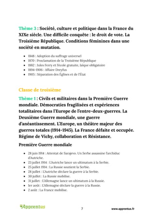 Thème 3 : Société, culture et politique dans la France du
XIXe siècle. Une difficile conquête : le droit de vote. La
Troisième République. Conditions féminines dans une
société en mutation.
● 1848 : Adoption du suffrage universel
● 1870 : Proclamation de la Troisième République
● 1882 : Jules Ferry et l’école gratuite, laïque obligatoire
● 1894-1906 : Affaire Dreyfus
● 1905 : Séparation des Églises et de l’État
Classe de troisième
Thème 1 : Civils et militaires dans la Première Guerre
mondiale. Démocraties fragilisées et expériences
totalitaires dans l’Europe de l’entre-deux-guerres. La
Deuxième Guerre mondiale, une guerre
d’anéantissement. L’Europe, un théâtre majeur des
guerres totales (1914-1945). La France défaite et occupée.
Régime de Vichy, collaboration et Résistance.
Première Guerre mondiale
● 28 juin 1914 : Attentat de Sarajevo. Un Serbe assassine l’archiduc
d’Autriche.
● 23 juillet 1914 : L’Autriche lance un ultimatum à la Serbie.
● 25 juillet 1914 : La Russie soutient la Serbie.
● 28 juillet : L’Autriche déclare la guerre à la Serbie.
● 30 juillet : La Russie mobilise.
● 31 juillet : L’Allemagne lance un ultimatum à la Russie.
● 1er août : L’Allemagne déclare la guerre à la Russie.
● 2 août : La France mobilise.
7 www.apprentus.fr
 