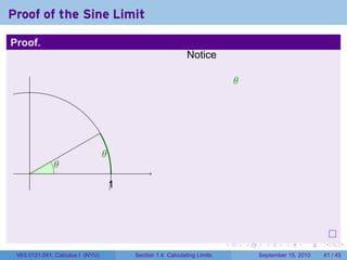 Proof of the Sine Limit

Proof.
                                                              Notice

                                                                               θ




                                  .
                                  θ
              .
              θ
     .
                                      1
                                      .




                                                                           .       .     .      .      .    .

 V63.0121.041, Calculus I (NYU)           Section 1.4 Calculating Limits               September 15, 2010   41 / 45
 