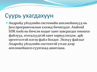Суурь ухагдахуун
 Андройд үйлдлийн системийн апплкейшнүүд нь
 Java програмчлалын хэлэнд бичигддэг. Android
 SDK tools нь бичсэн кодыг хамт хавсрагдах resource
 файлууд, өгөгдлүүдтэй хамт хөрвүүлэгдэж .apk
 өргөтгөлтэй нэгэн файл болдог. Энэхүү файлыг
 Андройд үйлдлийн системтэй утсан дээр
 аппликейшнээ суулгахад ашиглана.
 
