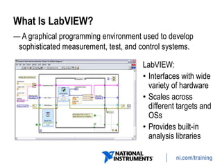 ni.com/training
What Is LabVIEW?
— A graphical programming environment used to develop
sophisticated measurement, test, and control systems.
LabVIEW:
• Interfaces with wide
variety of hardware
• Scales across
different targets and
OSs
• Provides built-in
analysis libraries
 