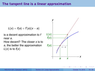 The tangent line is a linear approximation



                                                        y
                                                        .


     L(x) = f(a) + f′ (a)(x − a)

is a decent approximation to f                  L
                                                . (x)                              .
near a.                                          f
                                                 .(x)                              .
How decent? The closer x is to
a, the better the approxmation                   f
                                                 .(a)                .
                                                                         .
                                                                         x−a
L(x) is to f(x)

                                                         .                                           x
                                                                                                     .
                                                                     a
                                                                     .         x
                                                                               .

                                                                         .     .       .         .       .    .

 V63.0121.021, Calculus I (NYU)   Section 2.8 Linear Approximation                         October 14, 2010   15 / 36
 