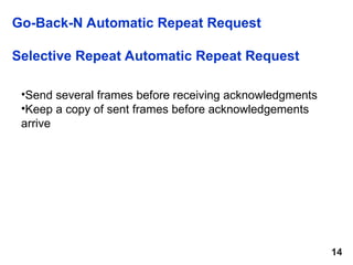 14
Go-Back-N Automatic Repeat Request
Selective Repeat Automatic Repeat Request
•Send several frames before receiving acknowledgments
•Keep a copy of sent frames before acknowledgements
arrive
 