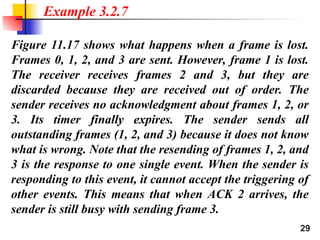 29
Figure 11.17 shows what happens when a frame is lost.
Frames 0, 1, 2, and 3 are sent. However, frame 1 is lost.
The receiver receives frames 2 and 3, but they are
discarded because they are received out of order. The
sender receives no acknowledgment about frames 1, 2, or
3. Its timer finally expires. The sender sends all
outstanding frames (1, 2, and 3) because it does not know
what is wrong. Note that the resending of frames 1, 2, and
3 is the response to one single event. When the sender is
responding to this event, it cannot accept the triggering of
other events. This means that when ACK 2 arrives, the
sender is still busy with sending frame 3.
Example 3.2.7
 