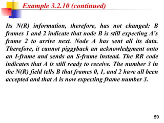 59
Its N(R) information, therefore, has not changed: B
frames 1 and 2 indicate that node B is still expecting A’s
frame 2 to arrive next. Node A has sent all its data.
Therefore, it cannot piggyback an acknowledgment onto
an I-frame and sends an S-frame instead. The RR code
indicates that A is still ready to receive. The number 3 in
the N(R) field tells B that frames 0, 1, and 2 have all been
accepted and that A is now expecting frame number 3.
Example 3.2.10 (continued)
 