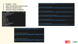 ● Multiple tf files
● Split via high level resource type
● Reduces cognitive load
● Reduces visual complexity
 